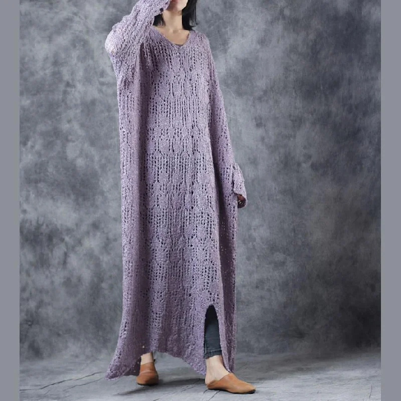 Plus Size Women's Ruffled Hem Sweaters in Floral PrintsStylish Light Purple Knit Dresses Loose Fitting V-Neck Sweater Women Hollow Out Pullover