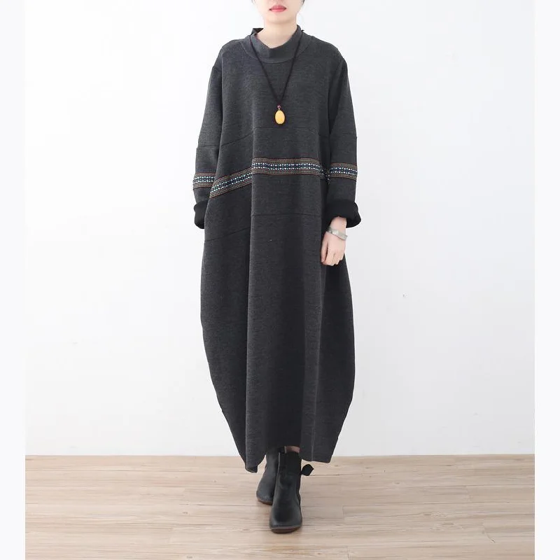 Boat Neck Women's Merino Wool Sweaters in Neutral ShadesWarm Black Knit Dresses Loose Fitting Patchwork Long Knit Sweaters High Neck Pullover