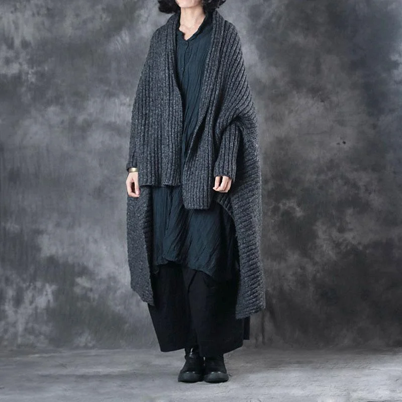 Hooded Women's Fleece - Lined Sweaters for Winterwomen dark gray sweater Loose fitting batwing sleeve vintage knitted tops