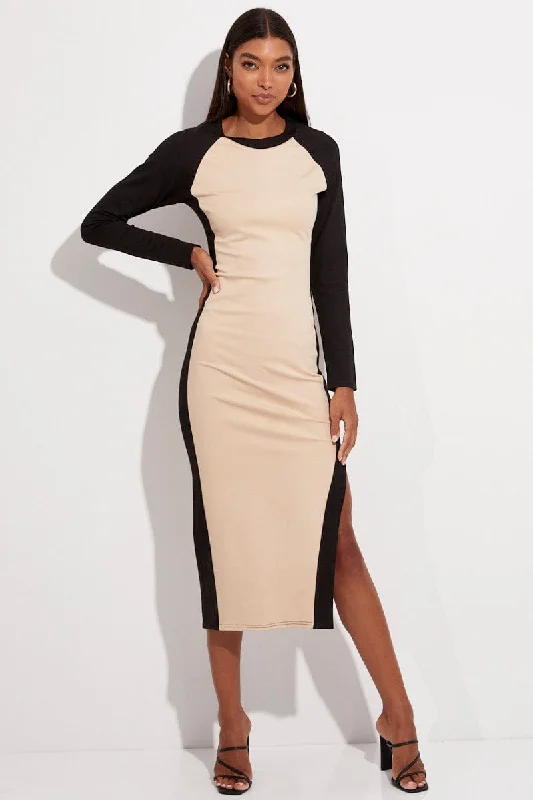 Strapless Women Dress with a Built - in Bra for Comfort and SupportBeige Midi Dress Long Sleeve Round Neck Raglan Two-tone