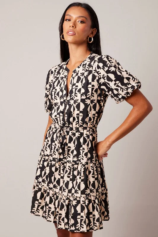 Off - the - Shoulder Women Dress for a Romantic and Feminine LookBlack Abstract Fit And Flare Dress Puff Sleeve Mini