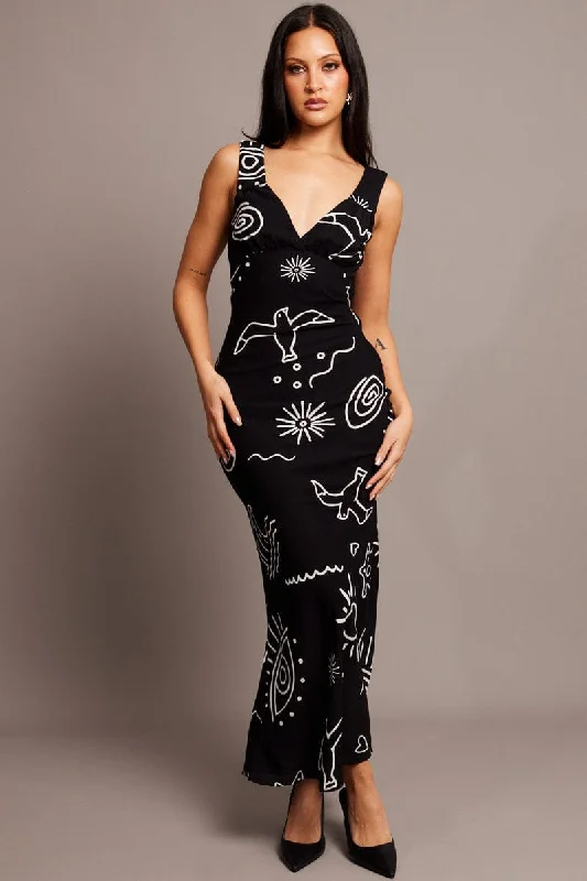 Halter Neck Women Dress to Show Off the Shoulders and NecklineBlack Abstract Maxi Dress Plunge V Neck Dress