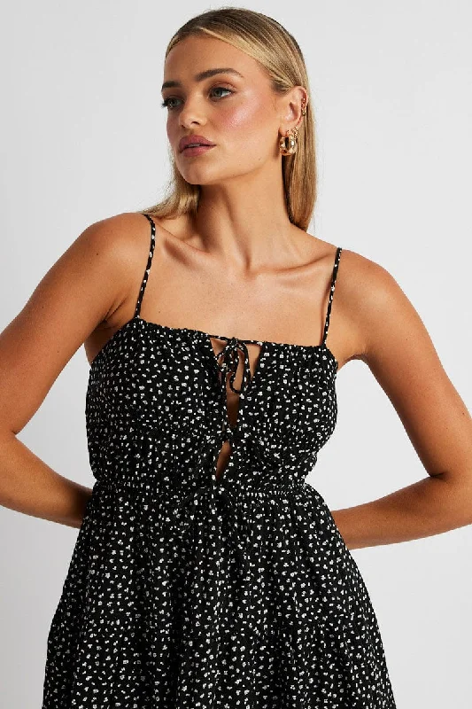Mini Women Dress with a Short Hem for a Young and Trendy StyleBlack Ditsy Fit And Flare Dress Strappy