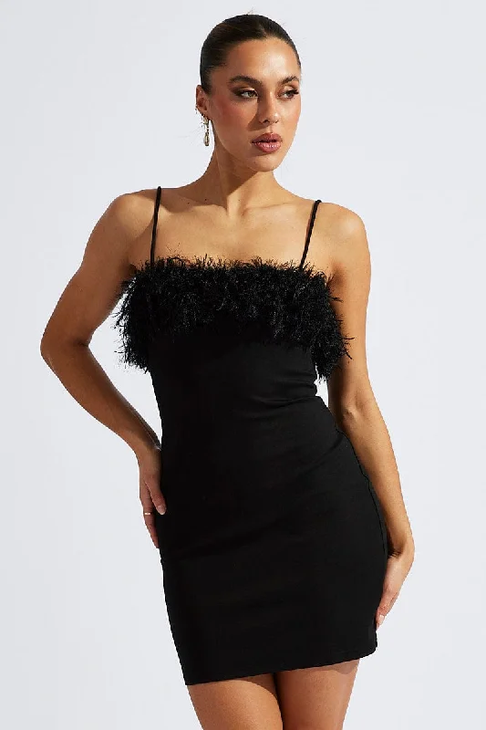 Long - Sleeve Women Dress in Velvet for a Luxurious Winter LookBlack Faux Feather Trim Bodycon Strappy Mini Dress