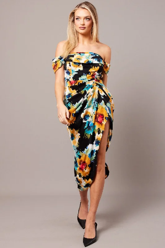 Backless Women Dress for a Sexy and Alluring Look at Evening EventsBlack Floral Bardot Midi Dress Draped Off Shoulder Dress