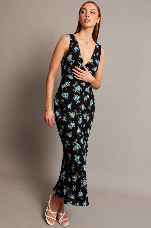Strapless Women Dress with a Built - in Bra for Comfort and SupportBlack Floral Maxi Dress V-Neck Sleeveless