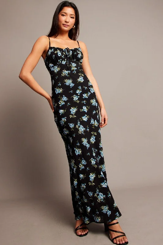 Printed Abstract Women Dress for a Modern and Artistic AppealBlack Floral Midi Dress Gathering Bust Sleeveless