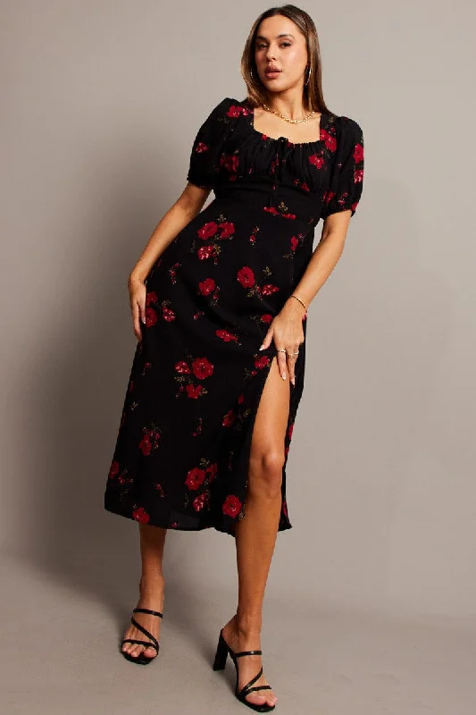 Mermaid - Style Women Dress with a Fitted Silhouette for Special OccasionsBlack Floral Midi Dress Puff Sleeve Midi