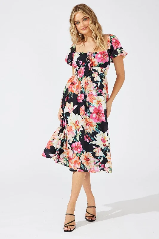Maxi Women Dress with Floral Print for a Bohemian VibeBlack Floral Midi Dress Short Sleeve Ruched Bust