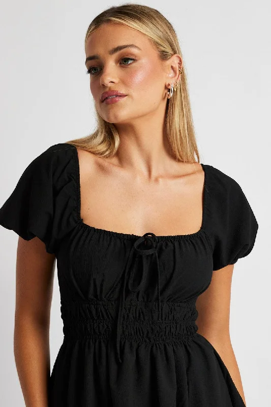 Ball Gown Women Dress with a Full Skirt for a Princess - like LookBlack Midi Dress Short Sleeve Ruched Bust