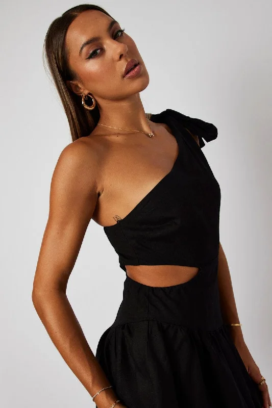 Sleeveless Women Dress in Bright Colors for Summer PartiesBlack One Shoulder Dress Bow Cut Out Swishy Dress