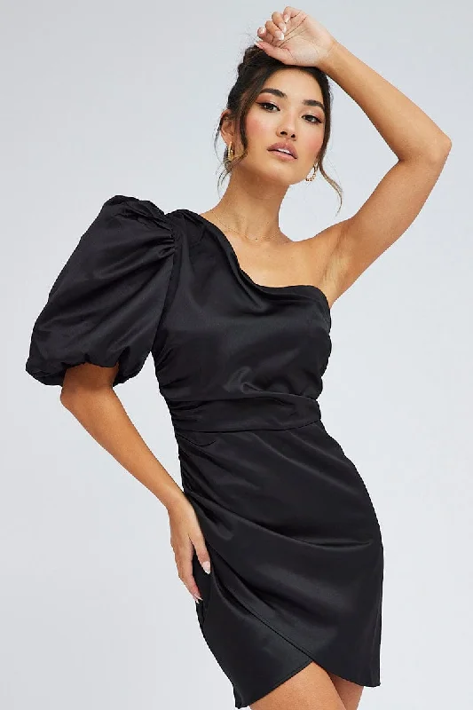 Printed Abstract Women Dress for a Modern and Artistic AppealBlack One Shoulder Puff Sleeve Statement Dress