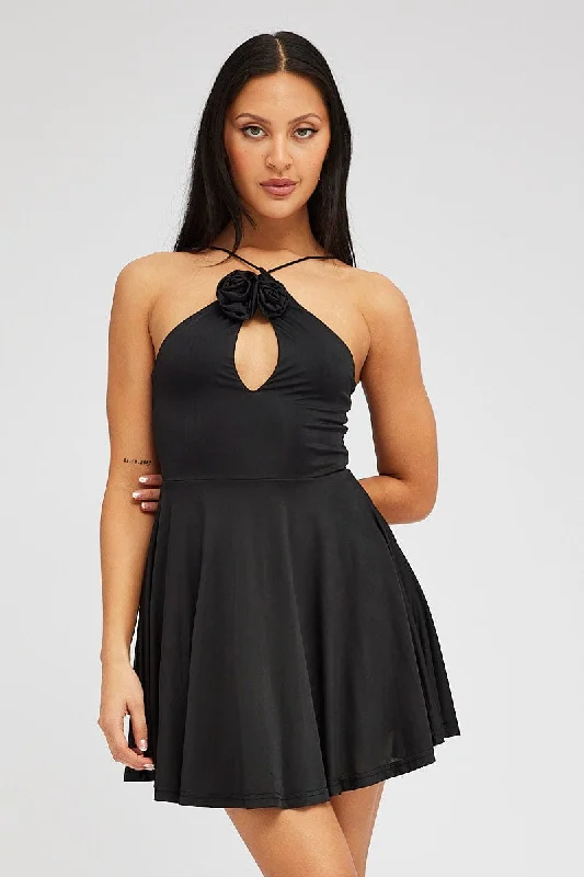 Mini Women Dress with a Short Hem for a Young and Trendy StyleBlack Rose Flower Dress Keyhole Strappy Swishy Dress