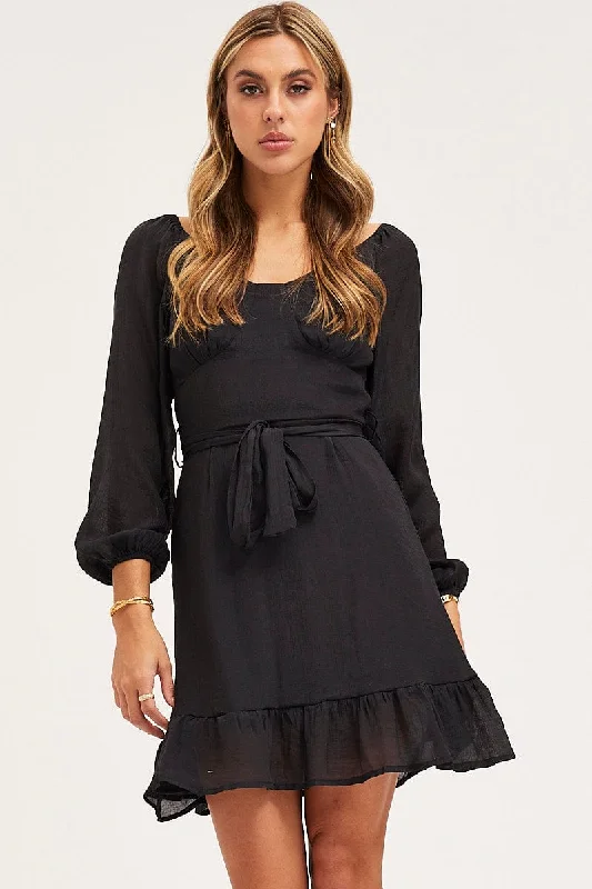 Black Skater Dress Long Sleeve Mini Ruffle