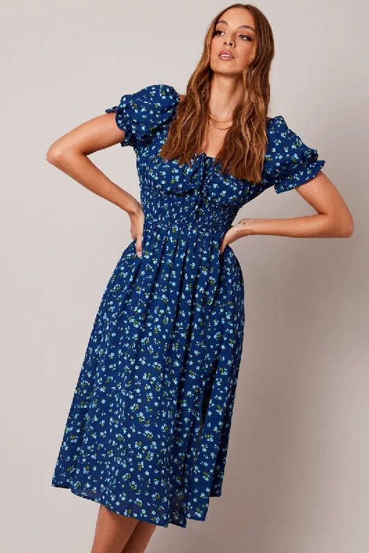 Lace - Embellished Women Dress for an Elegant and Sophisticated AppearanceBlue Ditsy Midi Dress Short Sleeve Ruched Bust