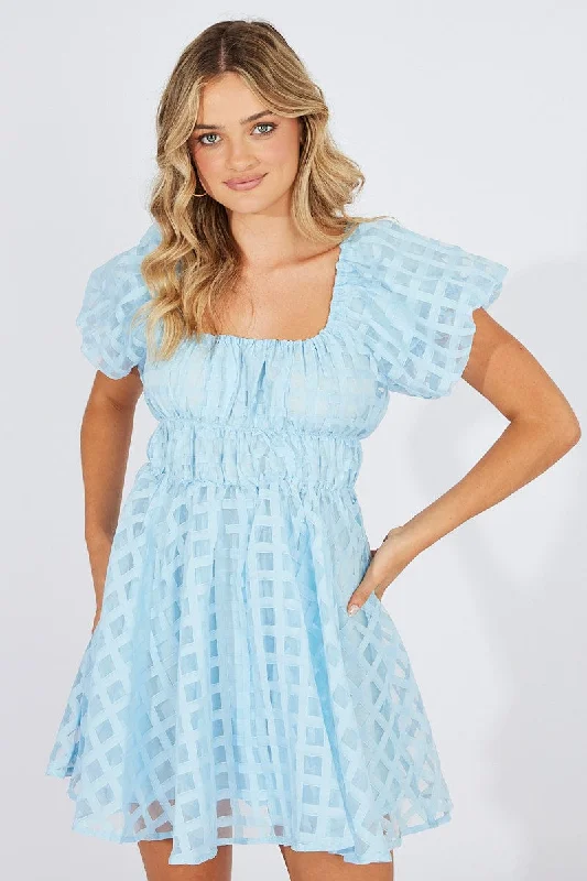 Lace - Embellished Women Dress for an Elegant and Sophisticated AppearanceBlue Fit And Flare Dress Puff Sleeve Mini
