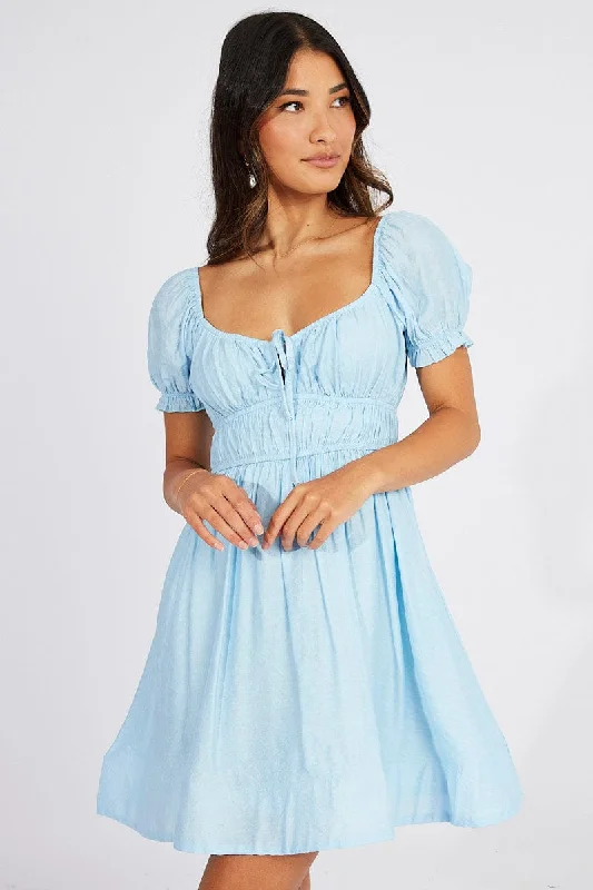 Pleated Women Dress with a Timeless and Elegant TextureBlue Fit and Flare Dress Short Sleeve Ruched