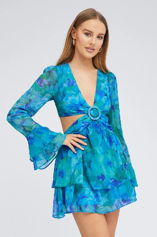 Mermaid - Style Women Dress with a Fitted Silhouette for Special OccasionsBlue Floral Dress Balloon Sleeve Lace Up Back Ring Chiffon