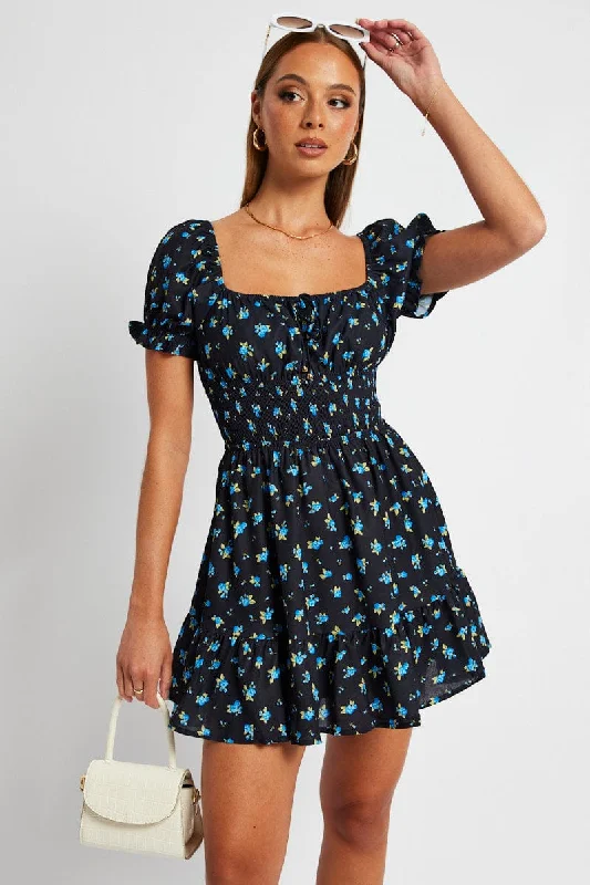 Little Black Women Dress with Sequins for a Glamorous Night OutBlue Floral Fit And Flare Dress Puff Sleeve Mini
