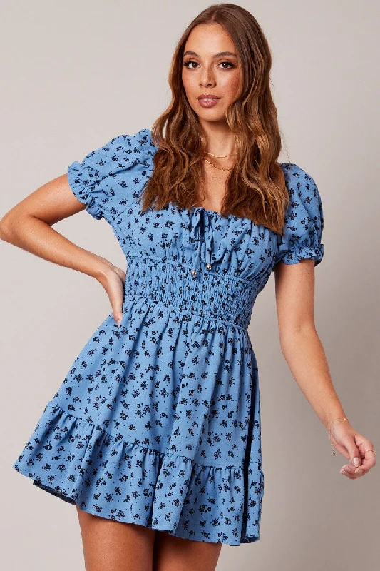 Plus Size Women Dress with a Flattering A - Line Cut for Comfort and StyleBlue Floral Fit And Flare Dress Puff Sleeve Mini Floral print