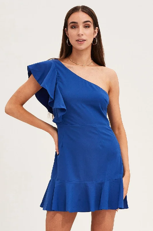 Plus Size Women Dress with a Flattering A - Line Cut for Comfort and StyleBlue Mini Dress Sleeveless One Shoulder Ruffled