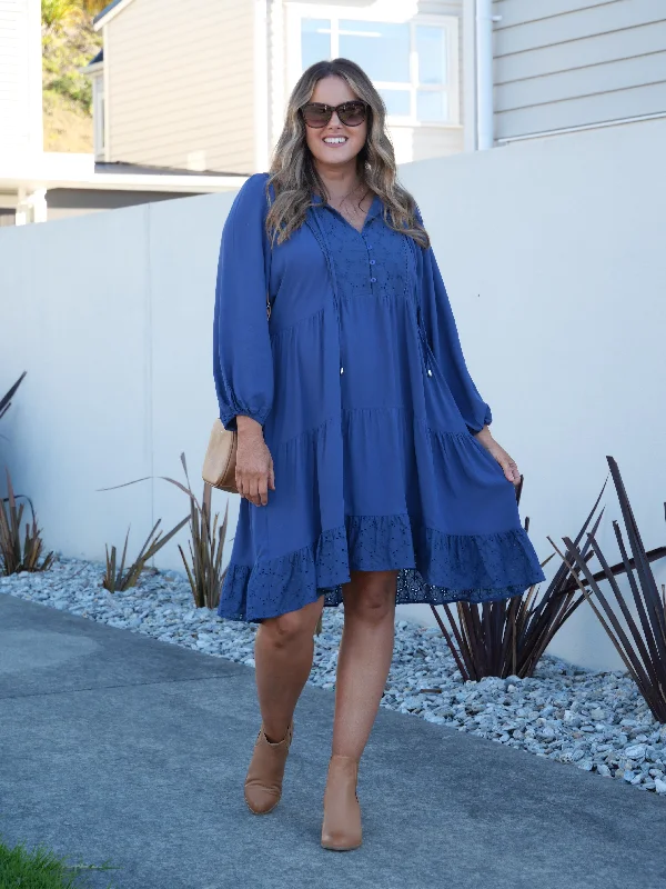Plus Size Women Dress with a Flattering A - Line Cut for Comfort and StyleBoho Australia Honor LS Dress Airy Blue