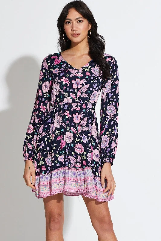 Off - the - Shoulder Women Dress for a Romantic and Feminine LookBoho Print Mini Dress Long Sleeve V Neck