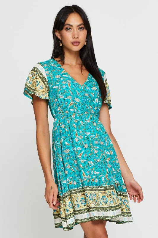 Shift Women Dress with a Simple and Classic Design for Everyday WearBoho Print Mini Dress Short Sleeve
