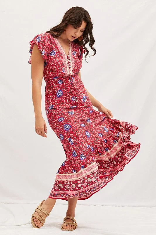 Empire Waist Women Dress to Accentuate the Bust and Conceal the WaistBoho Print V-Neck Short Sleeve Maxi Dress