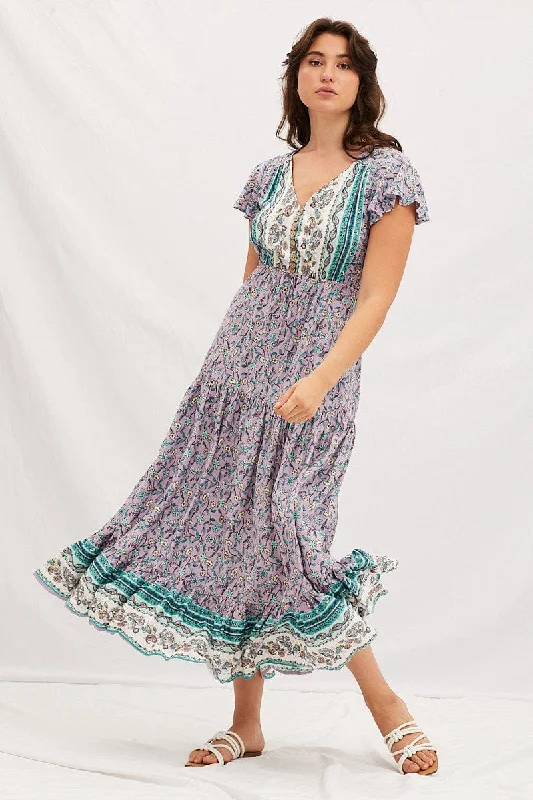 Boho Print V-Neck Short Sleeve Maxi Dress