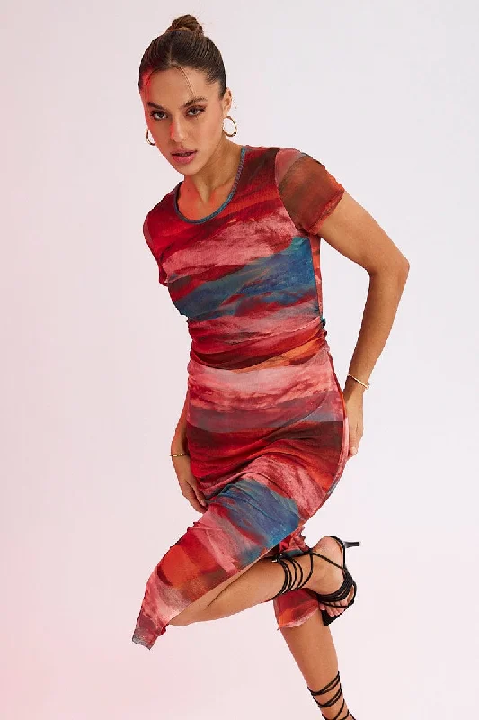 Empire Waist Women Dress to Accentuate the Bust and Conceal the WaistBrown Abstract Midi Dress Short Sleeve Bodycon Mesh