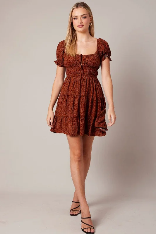 Pleated Women Dress with a Timeless and Elegant TextureBrown Geo Fit And Flare Dress Puff Sleeve Mini