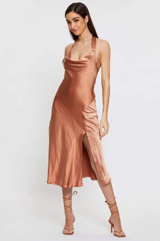 Mermaid - Style Women Dress with a Fitted Silhouette for Special OccasionsBrown Slip Dress Midi Satin
