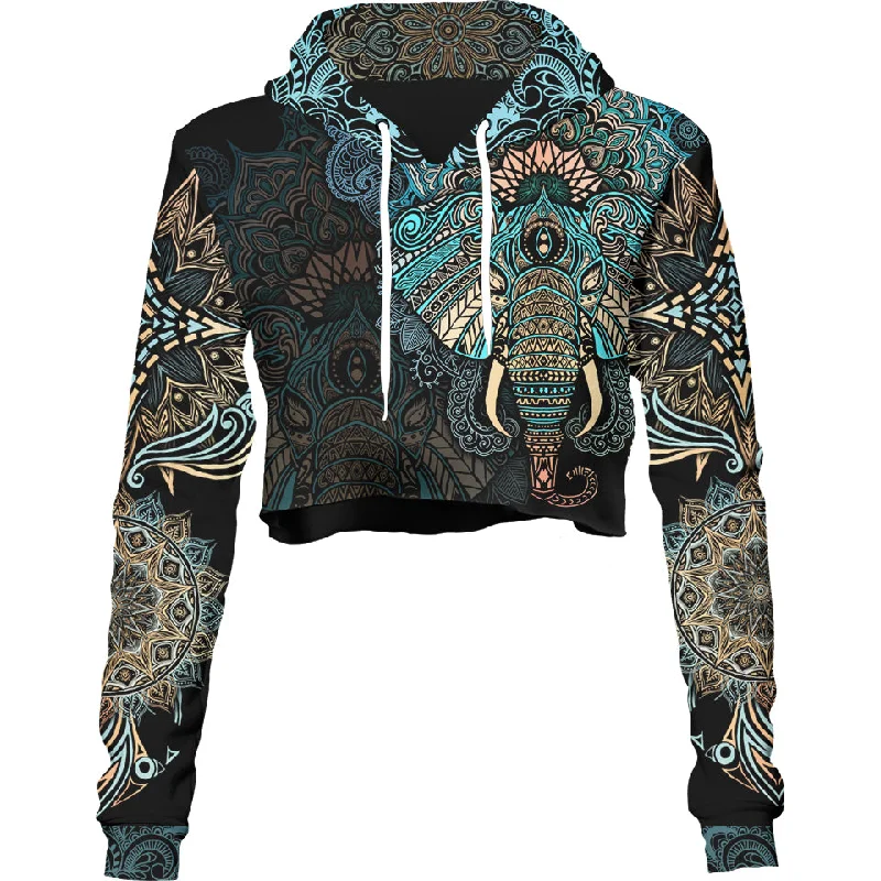 Women's hoodie with a kangaroo pocket and a pom - pom drawstring for added charmElephant Mandala Crop Hoodie - Spirit Edition