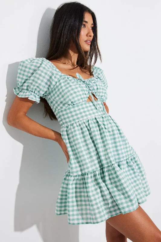 Sheath Women Dress with a Tailored Fit for a Professional LookGreen Check Fit and Flare Dress Short Sleeve Tiered Cut Out