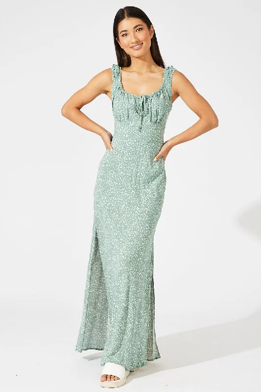 Shift Women Dress with a Simple and Classic Design for Everyday WearGreen Ditsy Maxi Dress Short Sleeve Ruched Bust