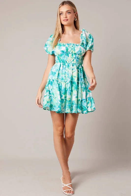 Sheath Women Dress with a Tailored Fit for a Professional LookGreen Floral Fit And Flare Dress Puff Sleeve
