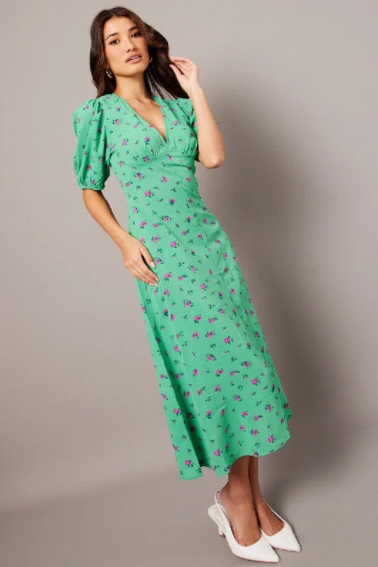 Sleeveless Women Dress in Bright Colors for Summer PartiesGreen Floral Midi Dress Puff Sleeve Tea Dress