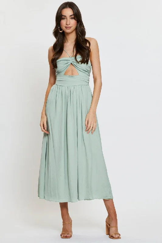 Sleeveless Women Dress in Bright Colors for Summer PartiesGreen Midi Dress Evening Halter Neck Satin