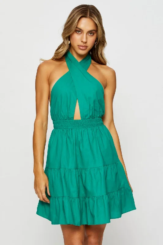 Maxi Women Dress with Floral Print for a Bohemian VibeGreen Mini Dress Halter Neck Linen