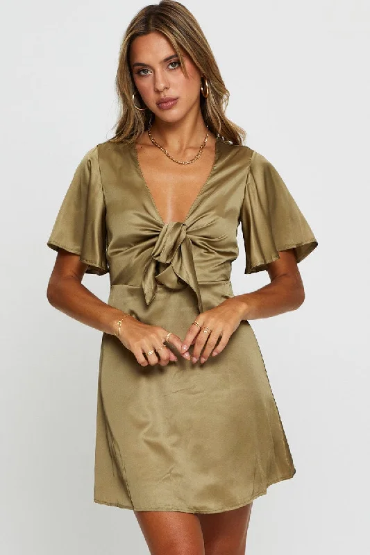 Green Mini Dress Short Sleeve Satin