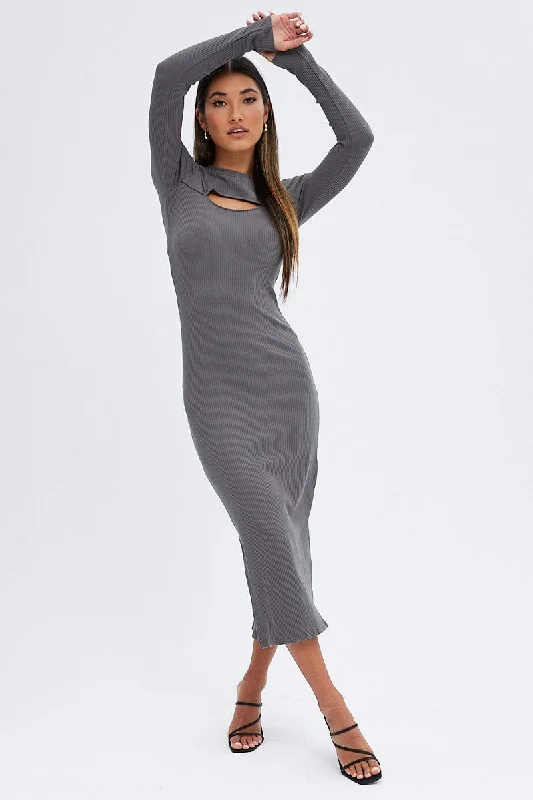 Wrap - Style Women Dress with Adjustable Fit for All Body TypesGrey Midi Dress Long Sleeve Mock Neck Cut Out Bodycon