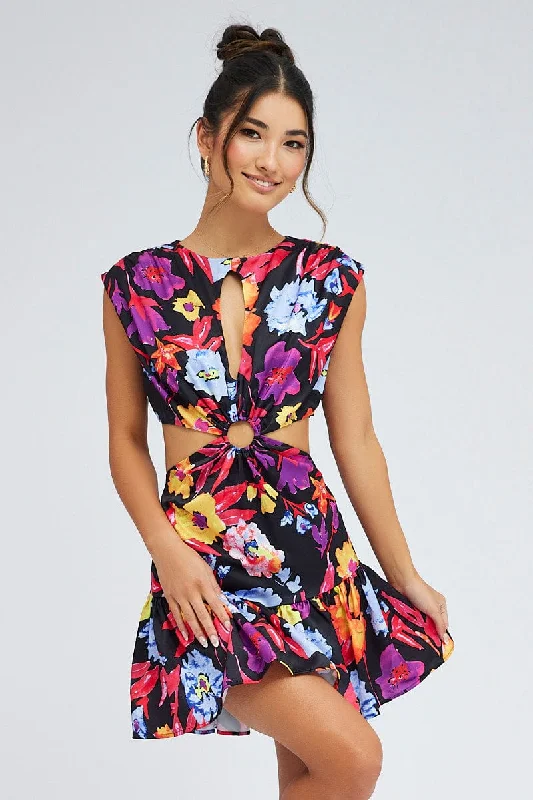 Mini Women Dress with a Short Hem for a Young and Trendy StyleMulti Floral Bright Floral Ring Detail Keyhole Dress