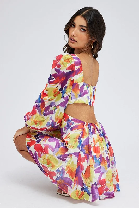 Multi Floral Dress Watercolour Print Ring Front Balloon Sleeve