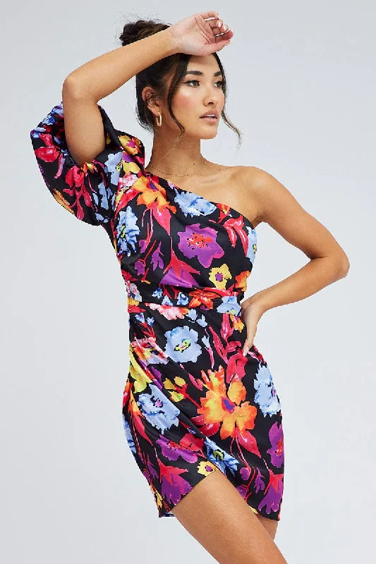 Halter Neck Women Dress to Show Off the Shoulders and NecklineMulti Floral One Shoulder Puff Sleeve Statement Mini Dress