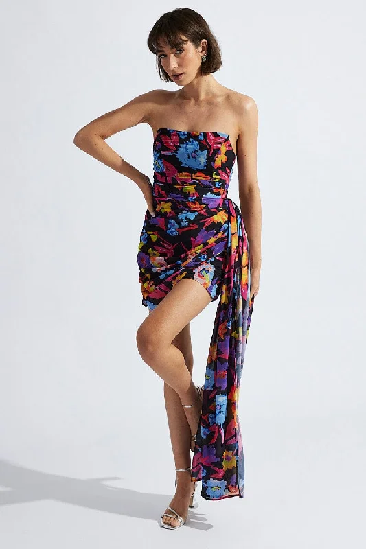 Lace - Embellished Women Dress for an Elegant and Sophisticated AppearanceMulti Floral Sash Bandeau Draped Chiffon Dress
