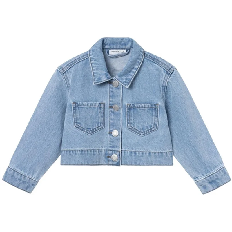Women's denim jackets with a patchwork design for a bohemian and artsy styleName it Light Blue Denim Unicorn Conny Denim Jacket