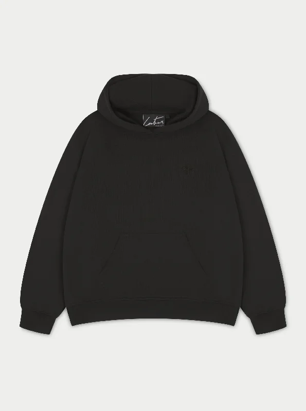 Women's hoodie with a detachable hood for customizable stylingOUTLINE EMBLEM RELAXED HOODIE - BLACK