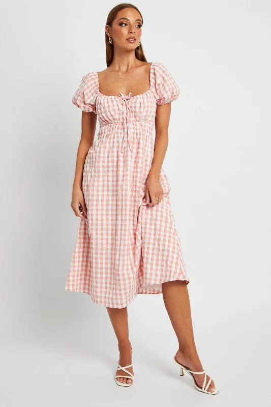 Mermaid - Style Women Dress with a Fitted Silhouette for Special OccasionsPink Check Midi Dress Short Sleeve Ruched Bust