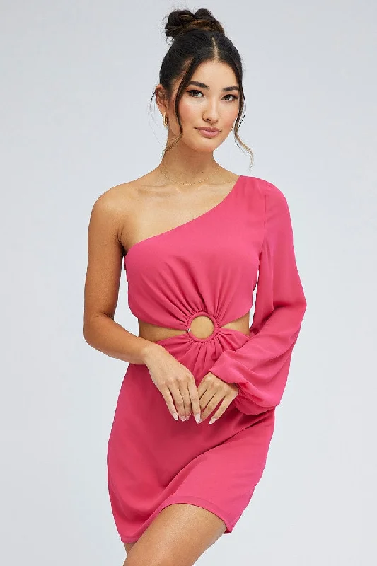 Mini Women Dress with a Short Hem for a Young and Trendy StylePink Fuchsia One Shoulder Ring Detail Dress